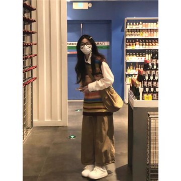 時尚套裝女春秋新款一整套美式復古條紋背心針織馬甲襯衫兩件套潮