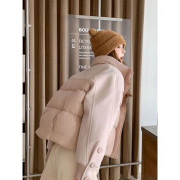 粉色短款毛呢拼接羽絨服2025新款女冬超好看設計感流行小個子外套