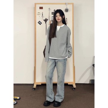 花灰色假兩件V領t恤男高級感痞帥美式慵懶衛衣秋季長袖內搭打底衫