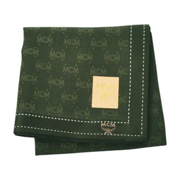 MCM 經典品牌字母浮水印LOGO刺繡圖騰帕領巾(深綠系/48CM)