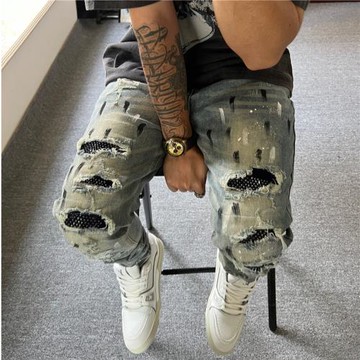 amiri潑墨水洗做舊破洞長褲高街修身高彈藍鉆修身權志龍牛仔褲