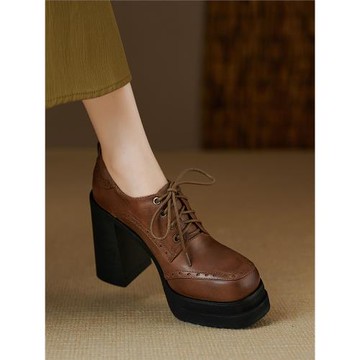 小眾設計厚底小個子超高跟鞋2025年新款深口單鞋復古粗跟布洛克鞋