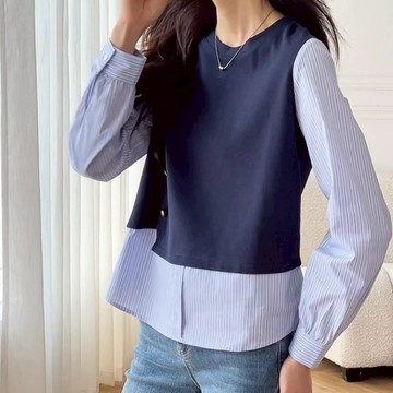 【白鳥麗子】溫柔針織排釦拼接線條圓領長袖上衣 店長推薦