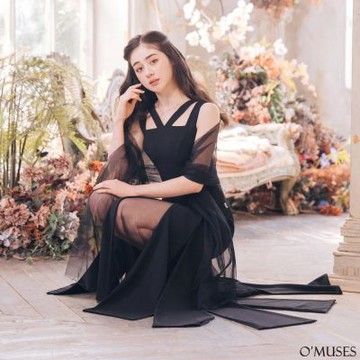 OMUSES 兩件式V領魚尾飄片黑色長禮服