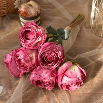 法式焦邊仿真玫瑰花油畫牡丹花假花干花復古客廳餐桌花裝飾花插花