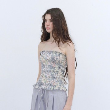 野山櫻印花 度假手工打纜彈力抹胸上衣