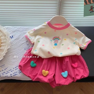 mori🎀mori女童夏季套裝2024韓版女寶寶圓領短袖愛心褲兒童洋氣短褲兩件套潮