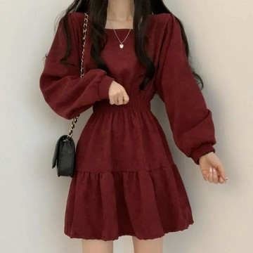 方领显瘦褶皱短裙 韩版少女减龄 宽松高腰复古 小个子街拍连衣裙 连身裙 A字裙 蛋糕裙 学院风