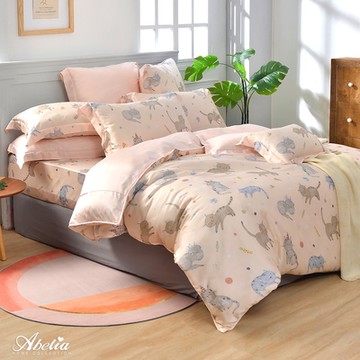 【Great Living格蕾寢飾】英國Abelia 蜜糖甜喵 特大天絲四件式防蹣抗菌吸濕排汗兩用被床包組