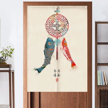 中式雙魚免打孔風水簾棉麻布藝門簾伸縮桿臥室廚房客廳隔斷簾