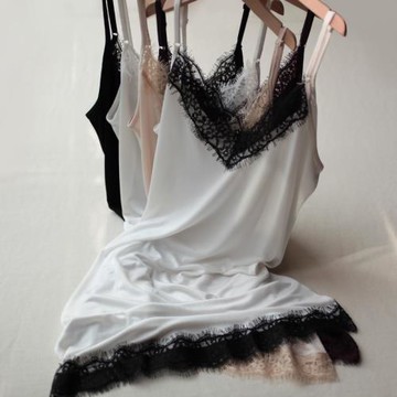 真絲桑蠶絲睫毛蕾絲邊V領吊帶襯裙睡裙性感打底背心春夏針織大碼