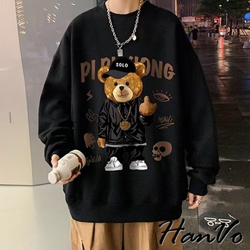 【HanVo】天天出貨 男款RAP美式小熊印花大學T 保暖系列舒適潮流百搭休閒 韓系秋冬衣著 男生衣著 B02-2049