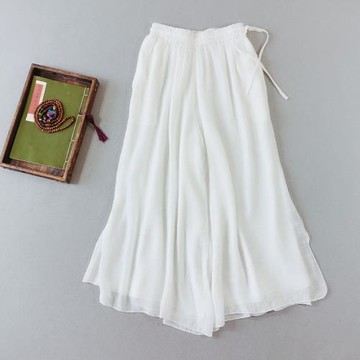 純色雙層開叉麻紗九分褲女夏寬松飄逸闊腿褲抽繩復古文藝范仙女系