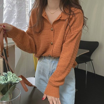 Polo領針織開衫秋冬新款慵懶風溫柔寬松薄打底毛衣外套短款上衣女