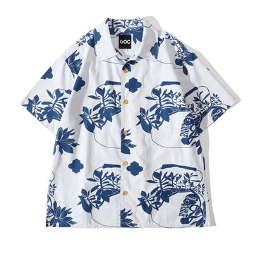 GOC Studio Indigo染色圖案襯衫 - 陽台茶壺棉麻材質襯衫