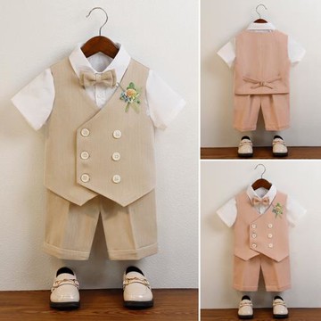 兒童西服套裝短袖襯衫馬甲短褲男童活動演出服生日周歲花童婚禮服