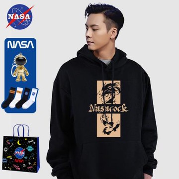 NASA聯名連帽秋冬薄款衛衣男士寬松加絨加厚ins情侶潮長袖上衣女