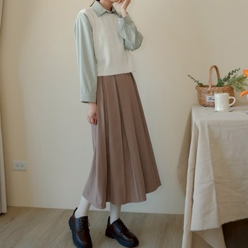【Our Studio】學院風前百褶A字長裙 杏色 奶茶色 咖啡色 灰色 黑色(現貨)