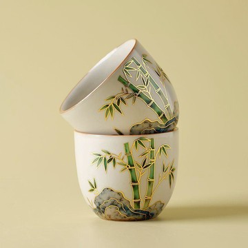 臺灣/免運✨茶杯  主人杯米黃汝窯蕭湘竹石開片高檔家用陶瓷單杯中式功夫泡茶茶具品茗杯