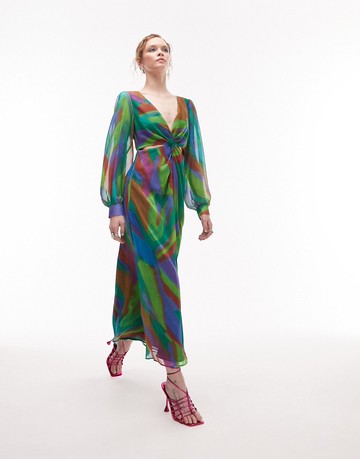Topshop long sleeve twist cut out midi dress in abstract print-Multi