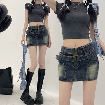 復古刷色雙扣環短裙