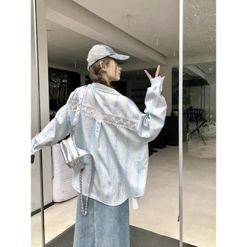 韓系藍色條紋襯衫女設計感小眾慵懶風防曬外套氣質長袖蕾絲上衣夏
