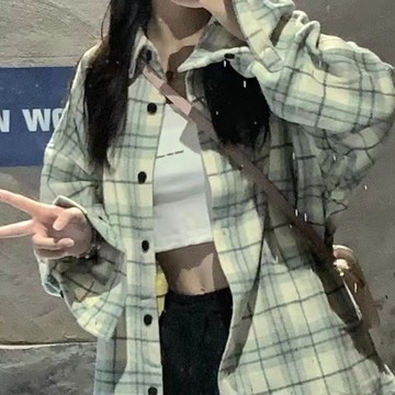 台灣出貨 夏季港風Polo領格子防曬襯衫長袖女韓版寬鬆設計感小衆開衫外套女 長袖襯衫 寬鬆顯瘦上衣 襯衫外套 防曬長袖