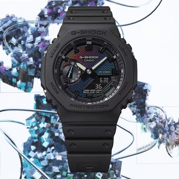 CASIO 卡西歐 G-SHOCK 彩虹磚牆 酷炫多彩 八角形雙顯錶 GA-2100RW-1A 防水200米