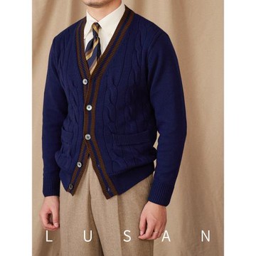 鹿三先生秋冬英倫修身通勤絞花針織開衫意式復古保暖毛衣外套潮男