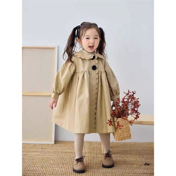 6631女童早秋新款外套復古風衣花瓣娃娃領大衣洋氣薄外套