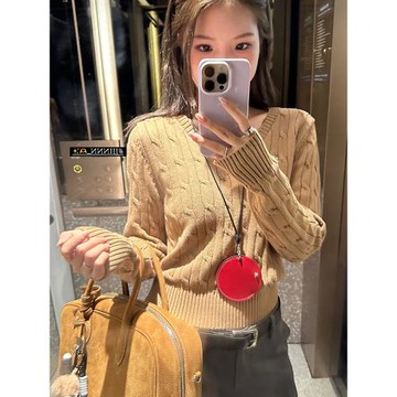 復古卡其圓領套頭麻花毛衣女秋冬新款修身顯瘦刺繡針織打底衫上衣