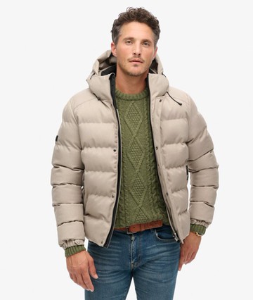 Superdry Men's Hooded Tweed Sports Puffer Jacket Beige Size: L