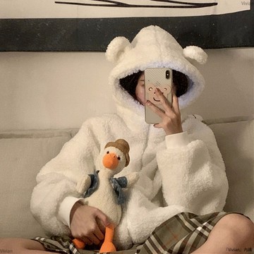 日韓寬鬆減齡可愛耳朵連帽羊羔毛外套女加絨加厚冬裝拉鍊外套