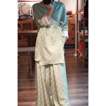 國風兩件式套裝2025新款女秋改良旗袍復古新中式高級感綠色兩件套