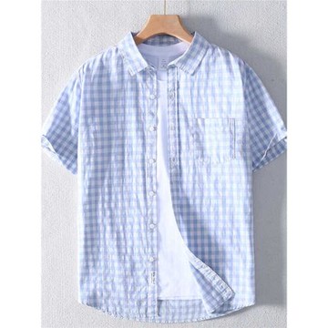 純棉格子襯衫男短袖夏季輕薄寬松大碼休閑上衣日系復古襯衣半袖潮