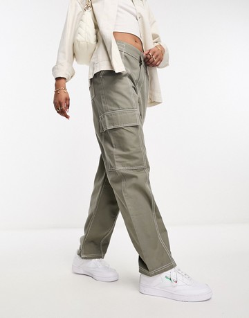 ASOS DESIGN seam detail cargo trouser in khaki with contrast stitch-Green