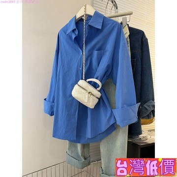 悅裳💎台灣免運💎【1759人收藏】藍色襯衫女春夏新款設計感小眾休閒寬鬆迭穿長袖襯衫外套上衣針織外套毛衣外