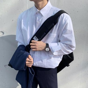 MRCYC秋季韓系長袖襯衫男潮流純色寬松帥氣休閑白襯衣服外套寸衫