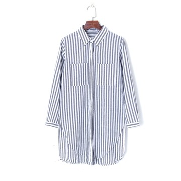 春季女裝時尚韓版拼色條紋氣質翻領單排扣寬松開叉中長款襯衫