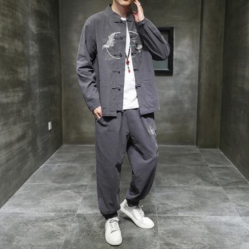 中國風亞麻唐裝男套裝刺繡棉麻夾克中式居士服寬松男裝大碼漢服男