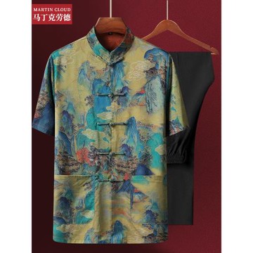 莨綢香云紗男唐裝夏季冰絲爸爸短袖休閑中老年爺爺衣服中式襯衫