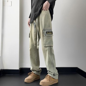 美式復古工裝牛仔褲男直筒痞帥歐美高街vibe褲子春秋新款微喇褲潮