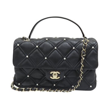 CHANEL 香奈兒 黑色 羊皮 菱格紋 珍珠 肩背包 【二手名牌BRAND OFF】