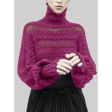 2025春裝新品時尚復古氣質高領針織衫燈籠袖套頭寬松慵懶鏤空毛衣