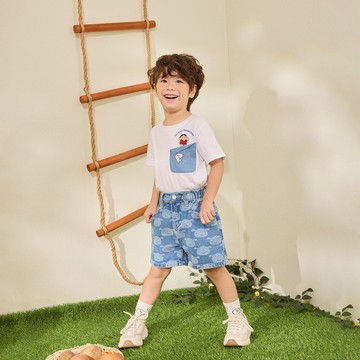 CACO-小白滿版洗水牛仔短褲‧親子款-童【J3SC011】