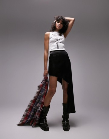 Topshop asymmetric drape satin skirt in black