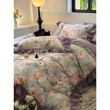 雙層紗全棉刺繡四件套純棉100花邊被套床單雙人華夫格床上用品