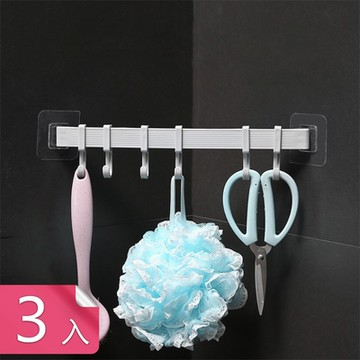 【荷生活】黏貼式可調節間距六連掛勾 免打孔牆角可貼置物架-3入組