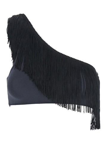 Black One-Shoulder Top With Fringe Embellishments In Tech Fabric Stretch Woman