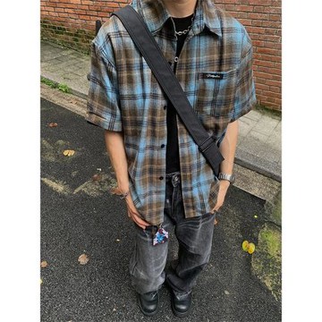 悟空有貨美式復古格子短袖襯衫男夏季薄款慵懶風寬松情侶襯衣外套